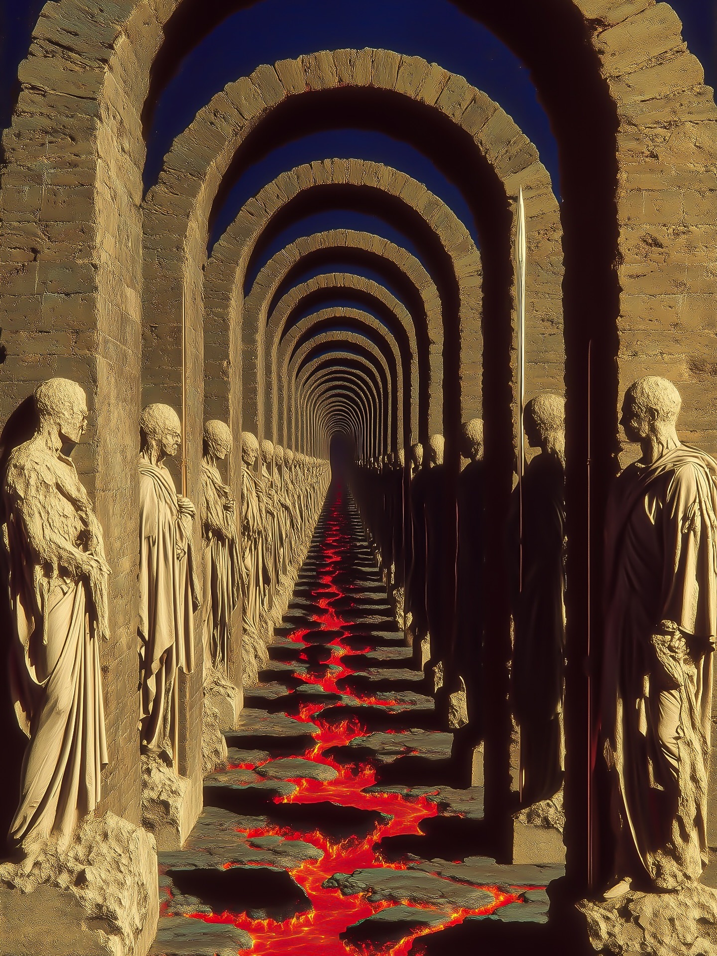 Endless stone corridor with statues lining the sides and a lava stream running down the middle, surreal and otherworldly.